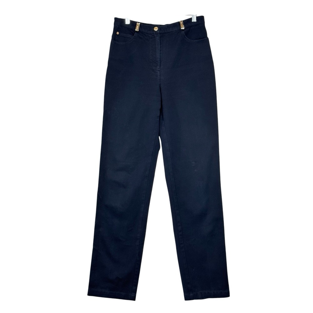 St John Sport Women's Pants Size 8 Blue Straight Leg High Rise Gold Button USA
